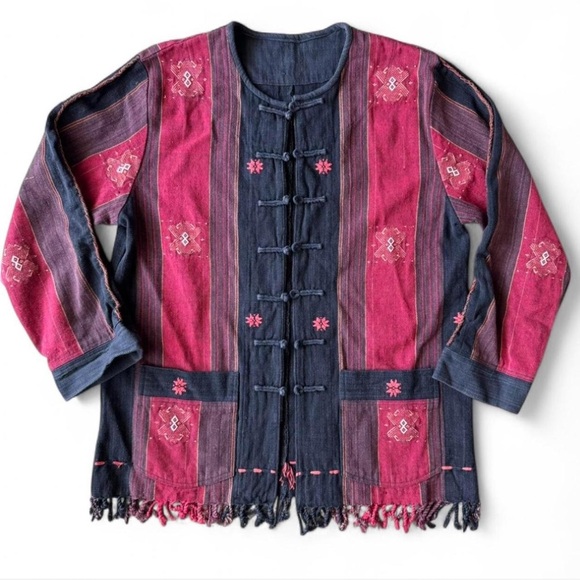 Vintage Black Red Embroidered Fringe Button Jacket - Picture 1 of 7